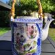 Asian, Japanese fine porcelain teapot with woven bamboo handle, vintage 50s