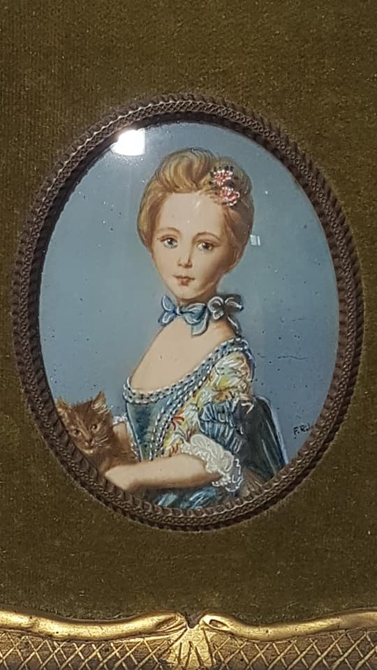 Rectangular frame in gilded wood, green velvet background with domed plastic glass