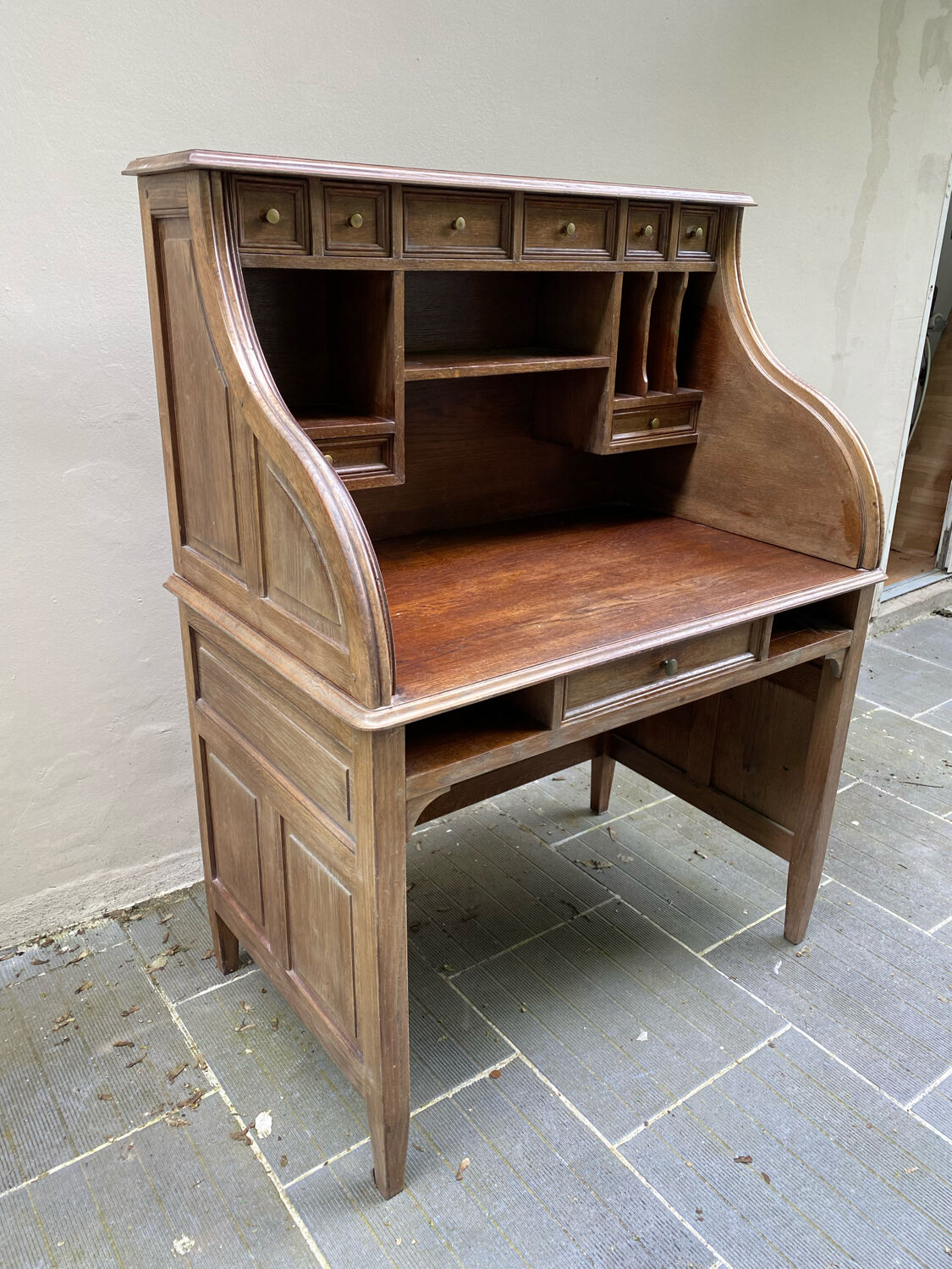 Antique solid wood secretary desk, handcrafted cabinetry.