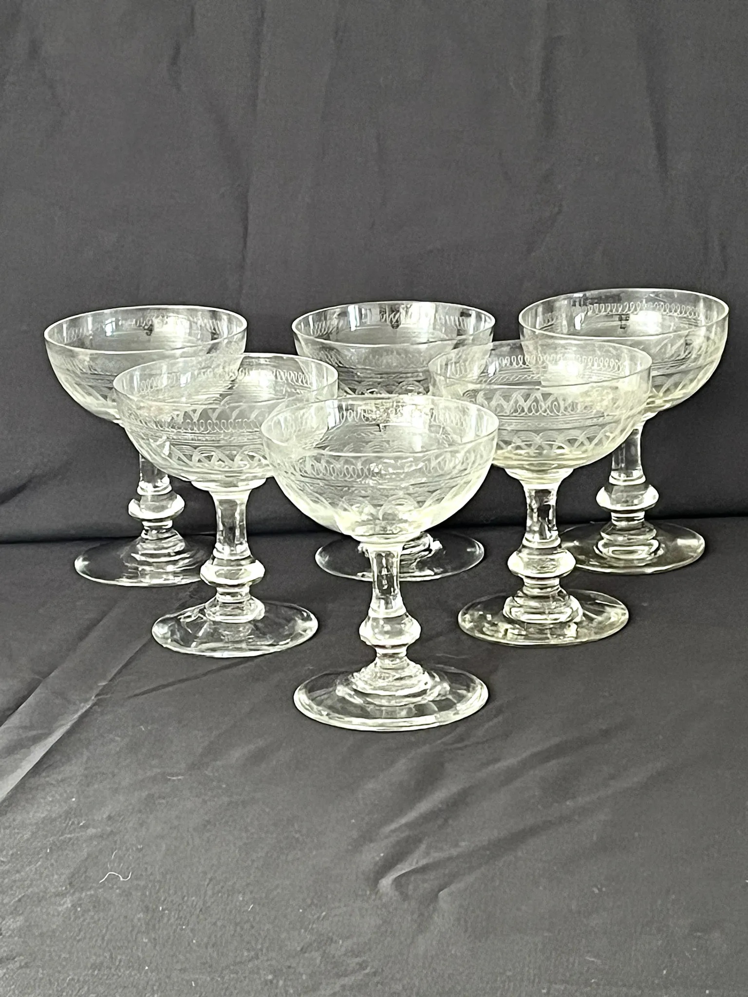 Champagne Coupes – Set of 6 Antique Hand Engraved Art Deco Stemware