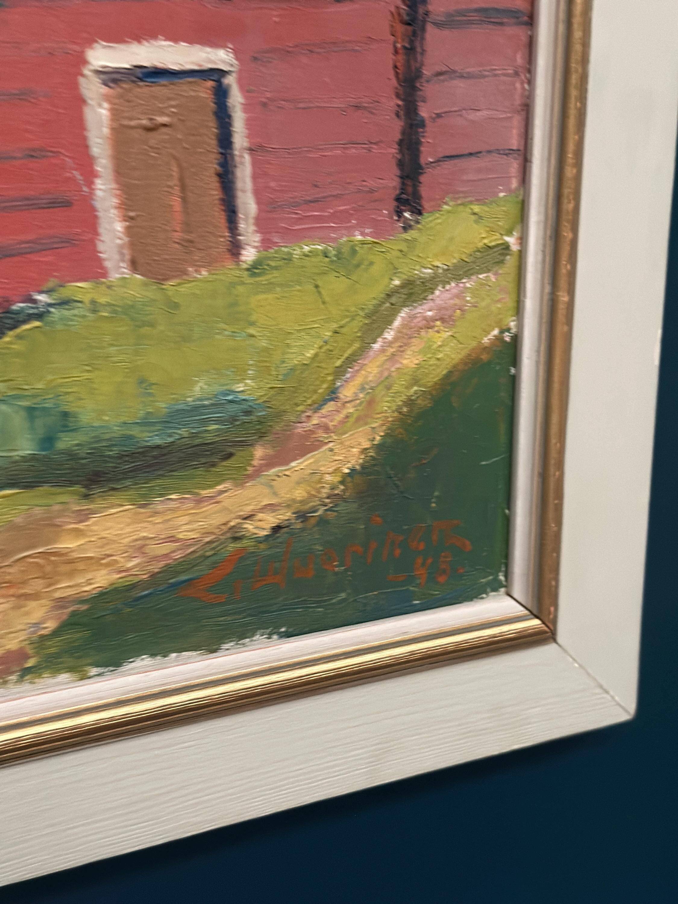 Original Swedish Oil On Canvas – “Red Barns” By L. Wuariner – Vintage & Framed