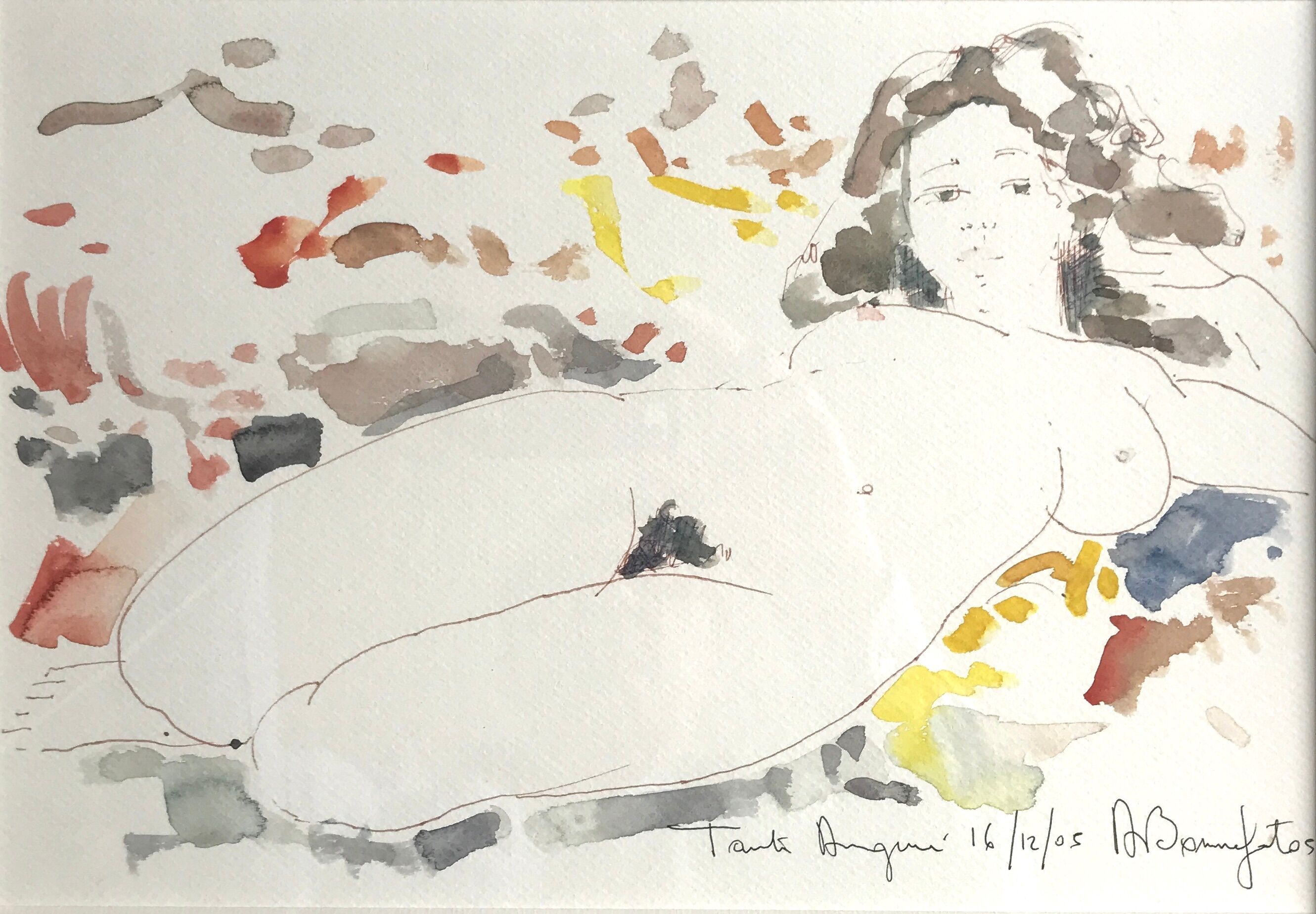 Watercolor in colors signed by alain bonnefoit, nude elongated, 2015