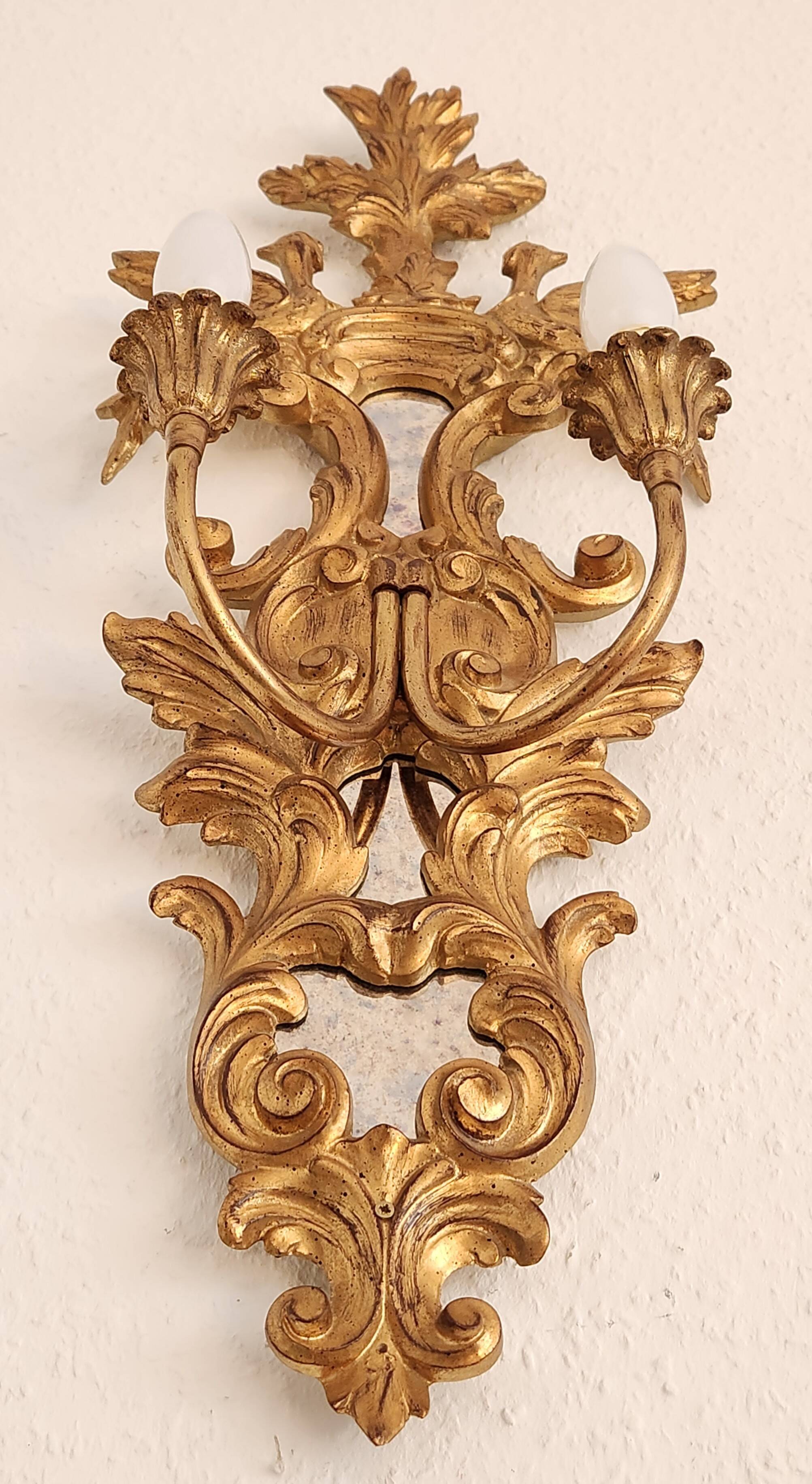 Louis XVI wall lamps Rocaille gilded carved wood antique mirror glass