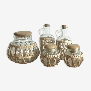 Glass and rattan jars and bottles