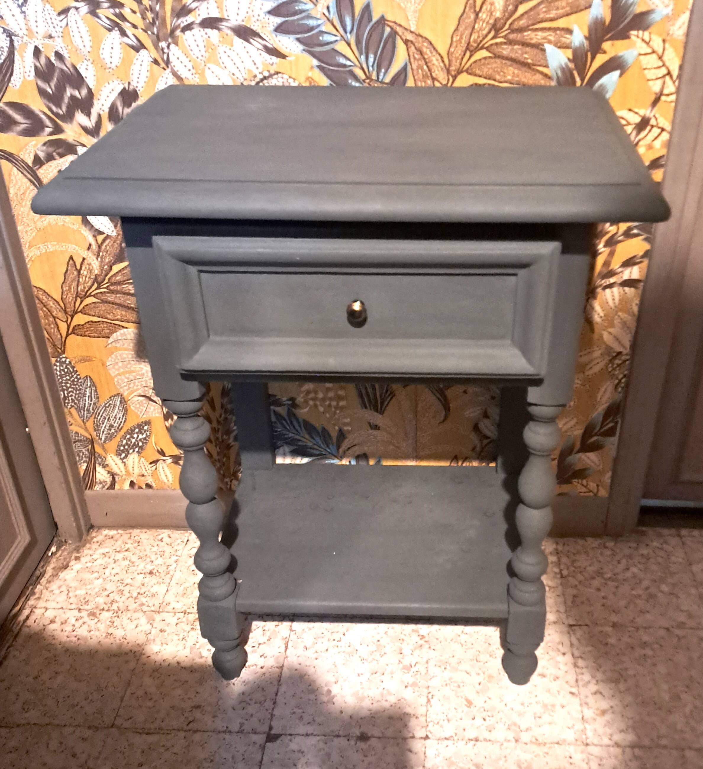 Restored 1900 bedside table in solid wood painted in Gustavian grey