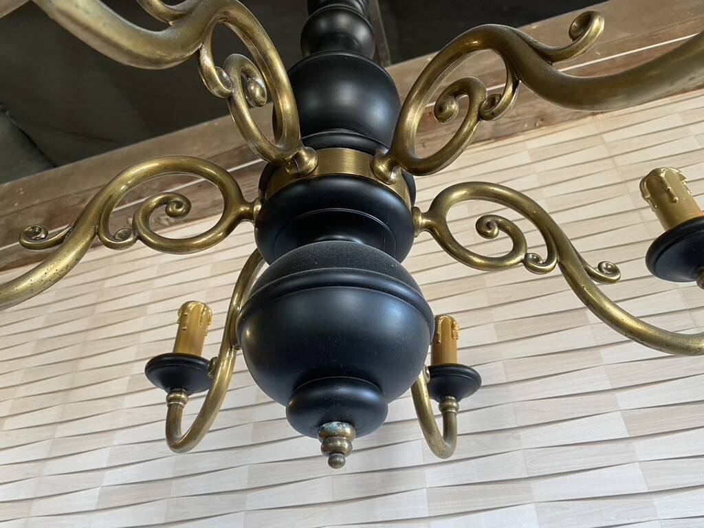 Wood and brass pendant light, black and gold, vintage, 60s.