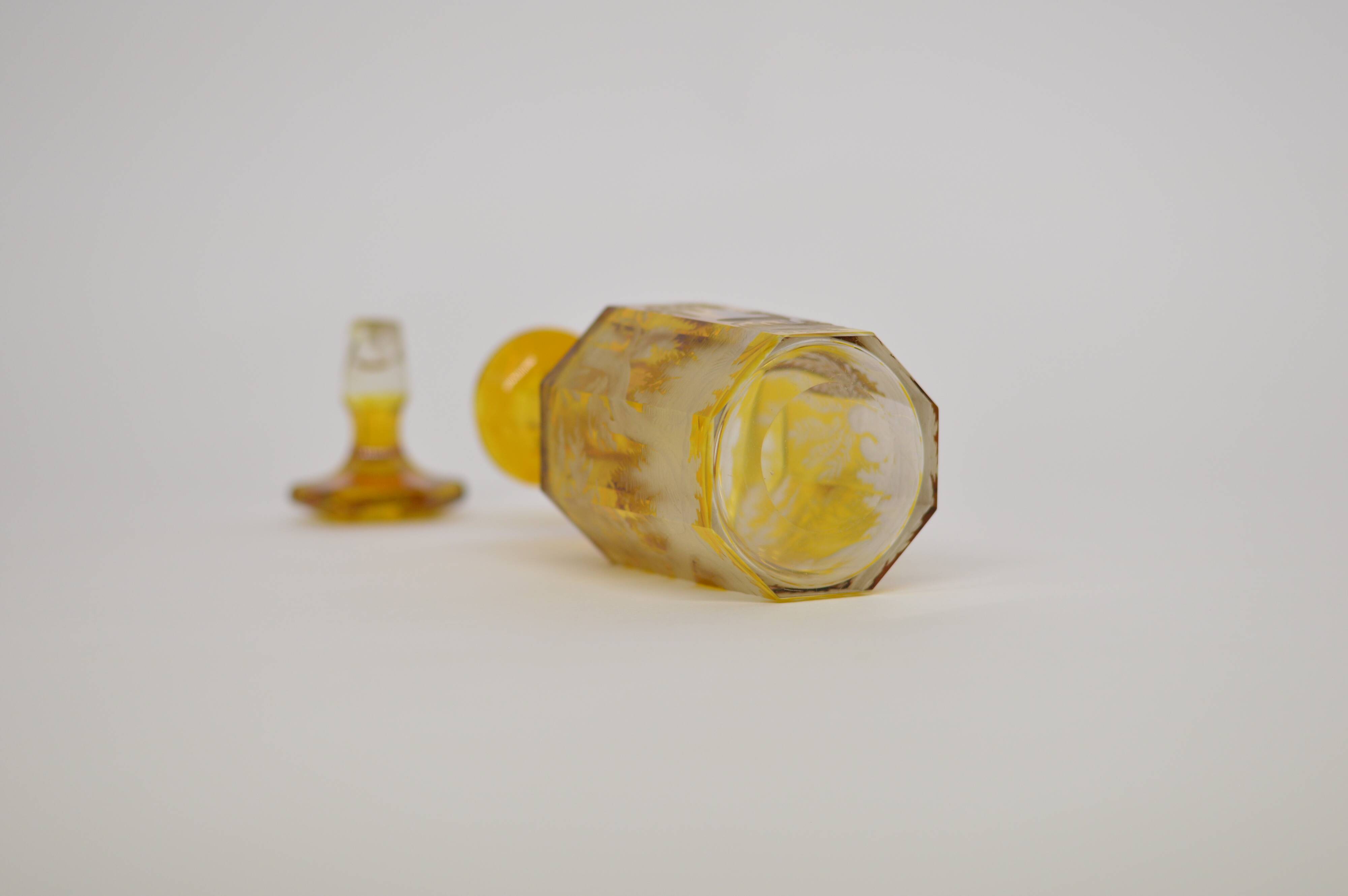 Bohemian glass carafe engraved amber colour