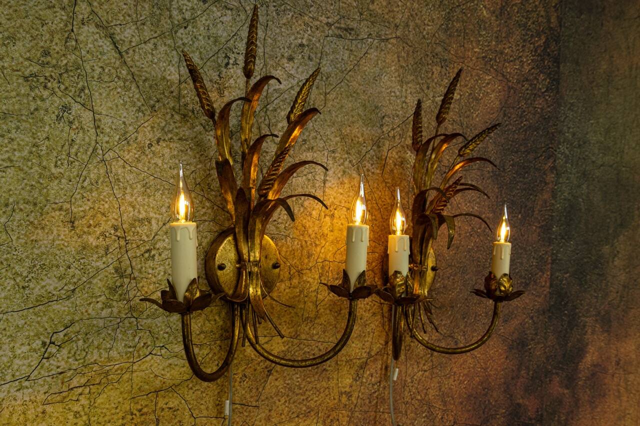 Pair of Hollywood Regency Style Gilt Metal Double-Arm Wheat Sconces, 1970s