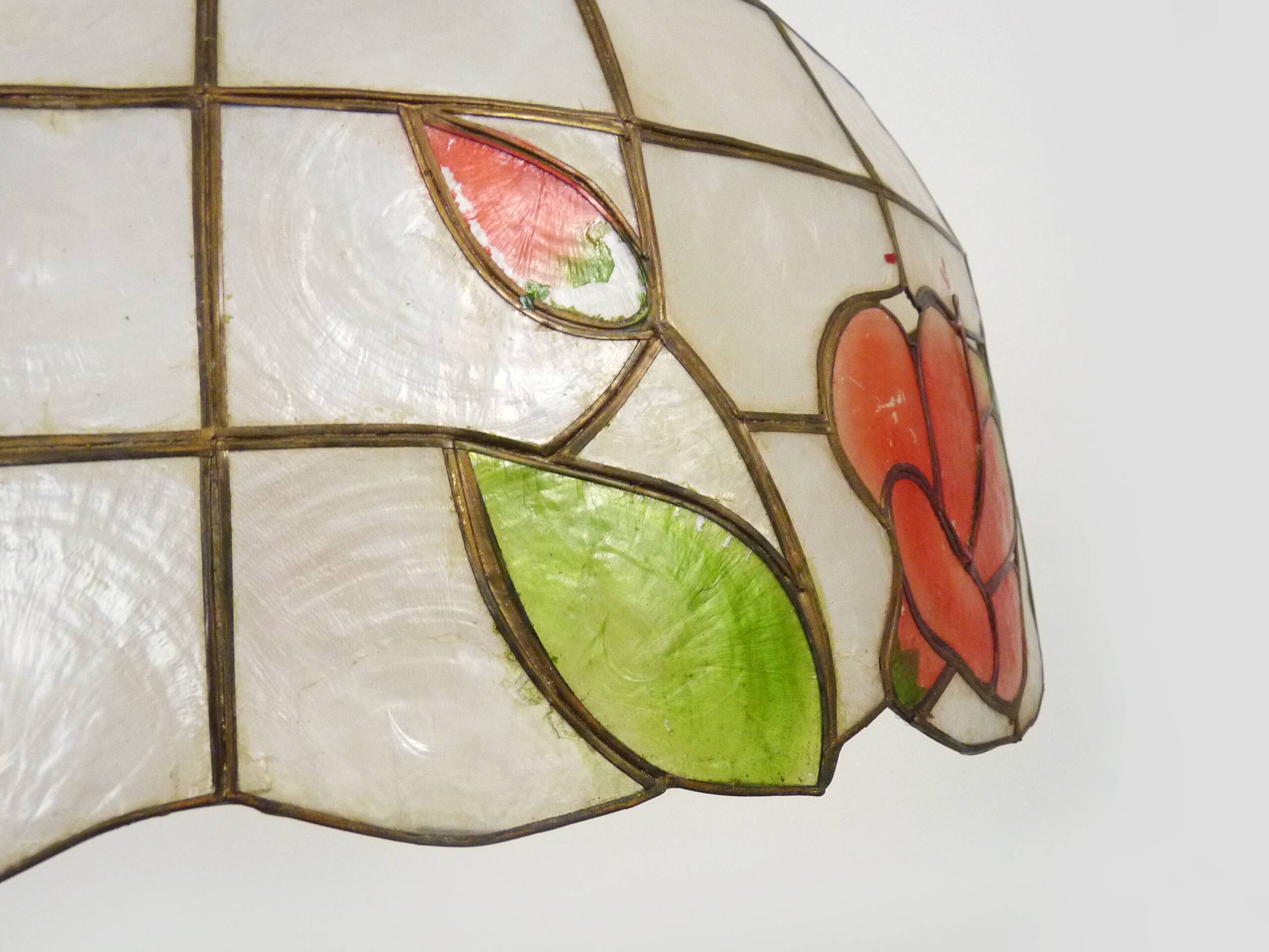 large pendant light, mother-of-pearl and brass chandelier, vintage, old light fixture. 70s