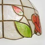 grande suspension, lustre en nacre et laiton, vintage, luminaire ancien. Années 70