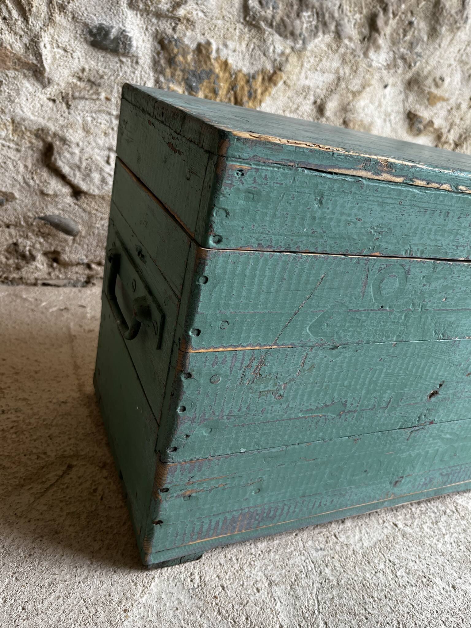 Patinated green wooden chest