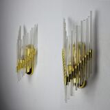 Pair of Venini gold wall lamps, Murano, tubular glasses, Italy, 1970
