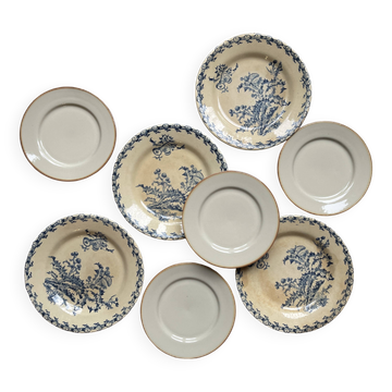 4 Gien Thistle ironstone plates + 4 small mismatched Tulowice stoneware plates