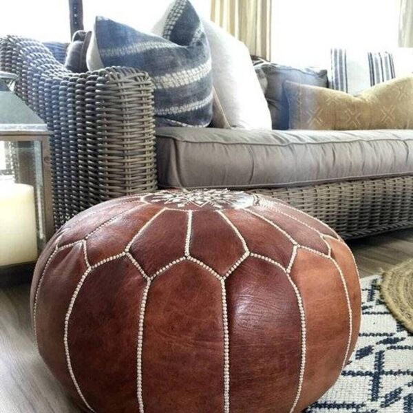 Pouf en cuir marocain, pouf ottoman marocain, pouf marocain BRUN, vintage marocain, pouf en cuir
