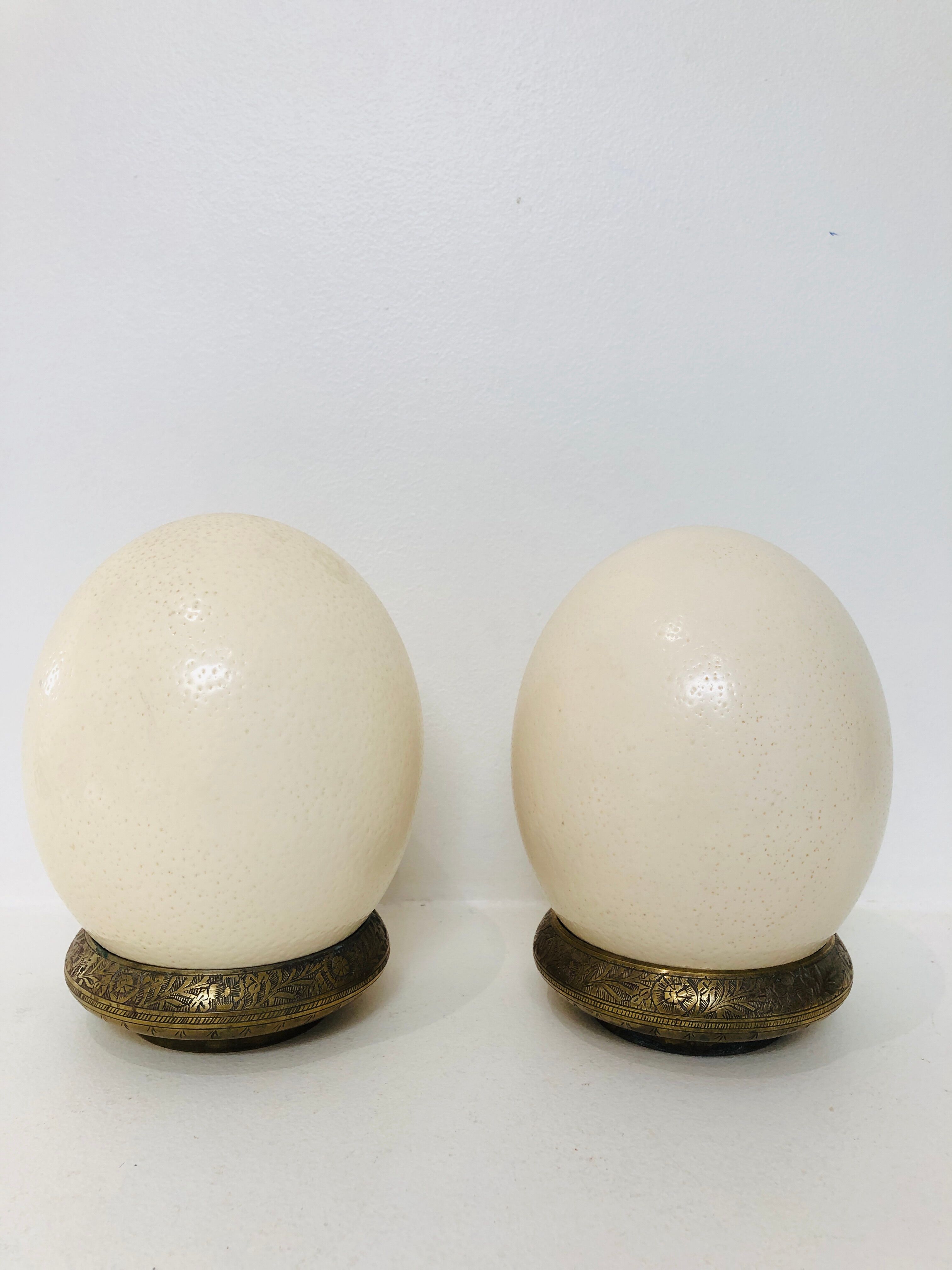 Pair of ostrich eggs on base, early 20th