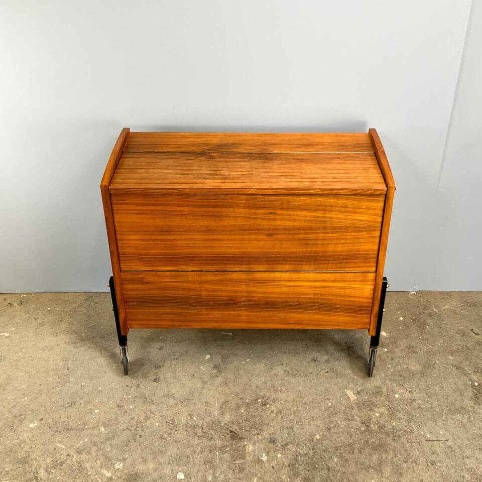 Rolling bar cabinet with interior mirrors, walnut, 60s, vintage