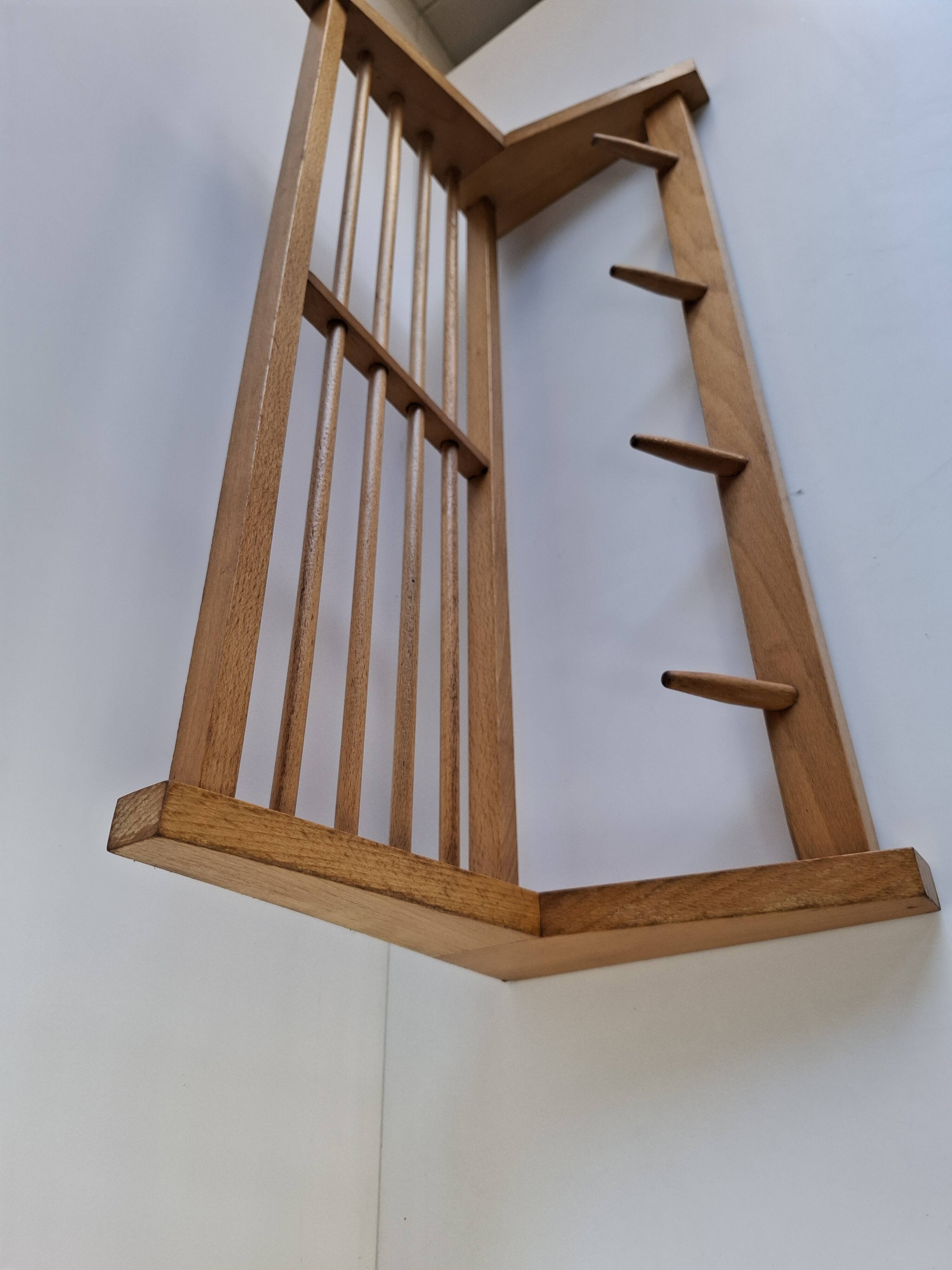 Mid-century Czechoslovak wooden wall coat rack with shelf, Uluv, 1970s