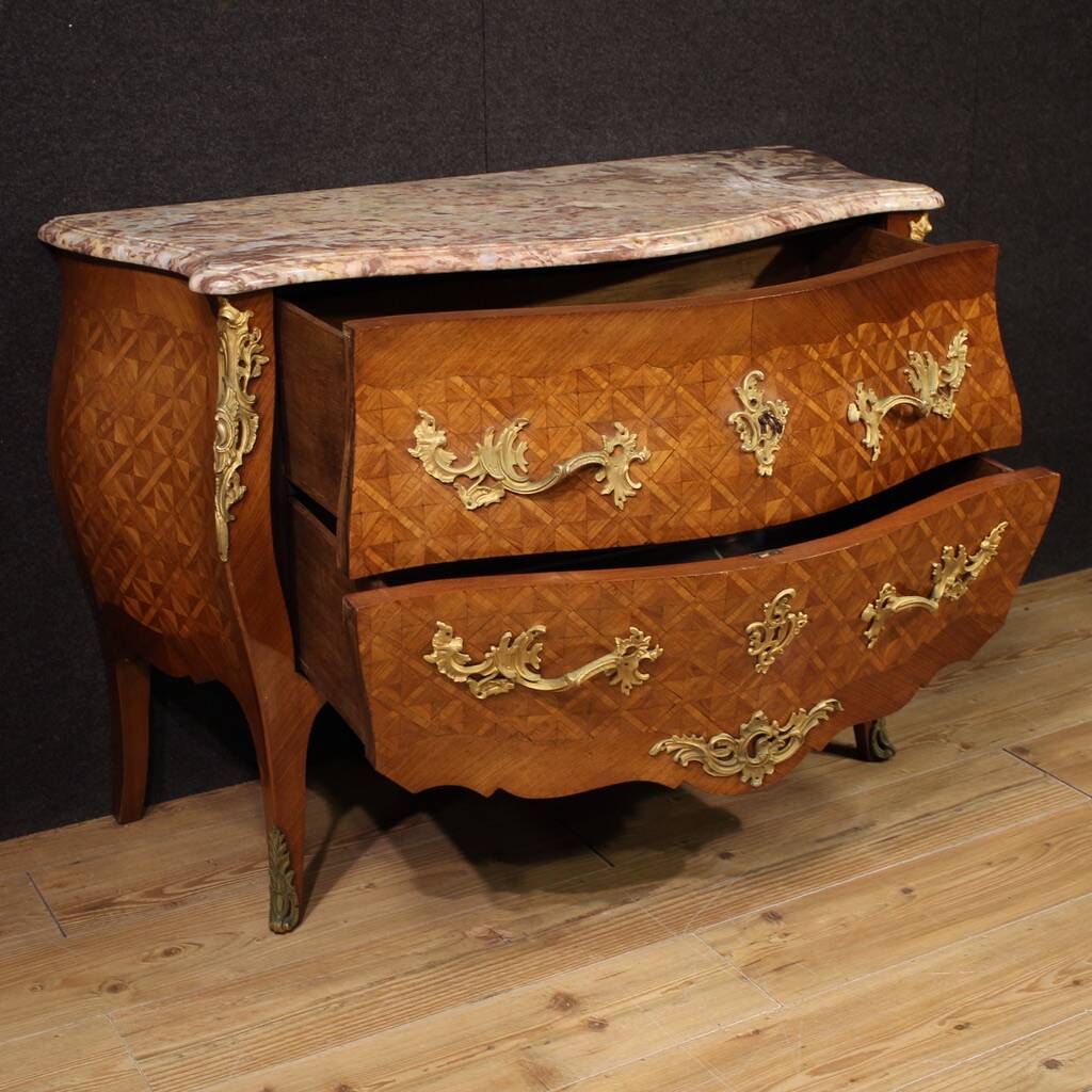 Commode française incrustée du XXe siècle avec plateau en marbre