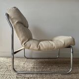 Vintage armchair Gillis Lundgren, beige and chrome canvas, Sweden 1970