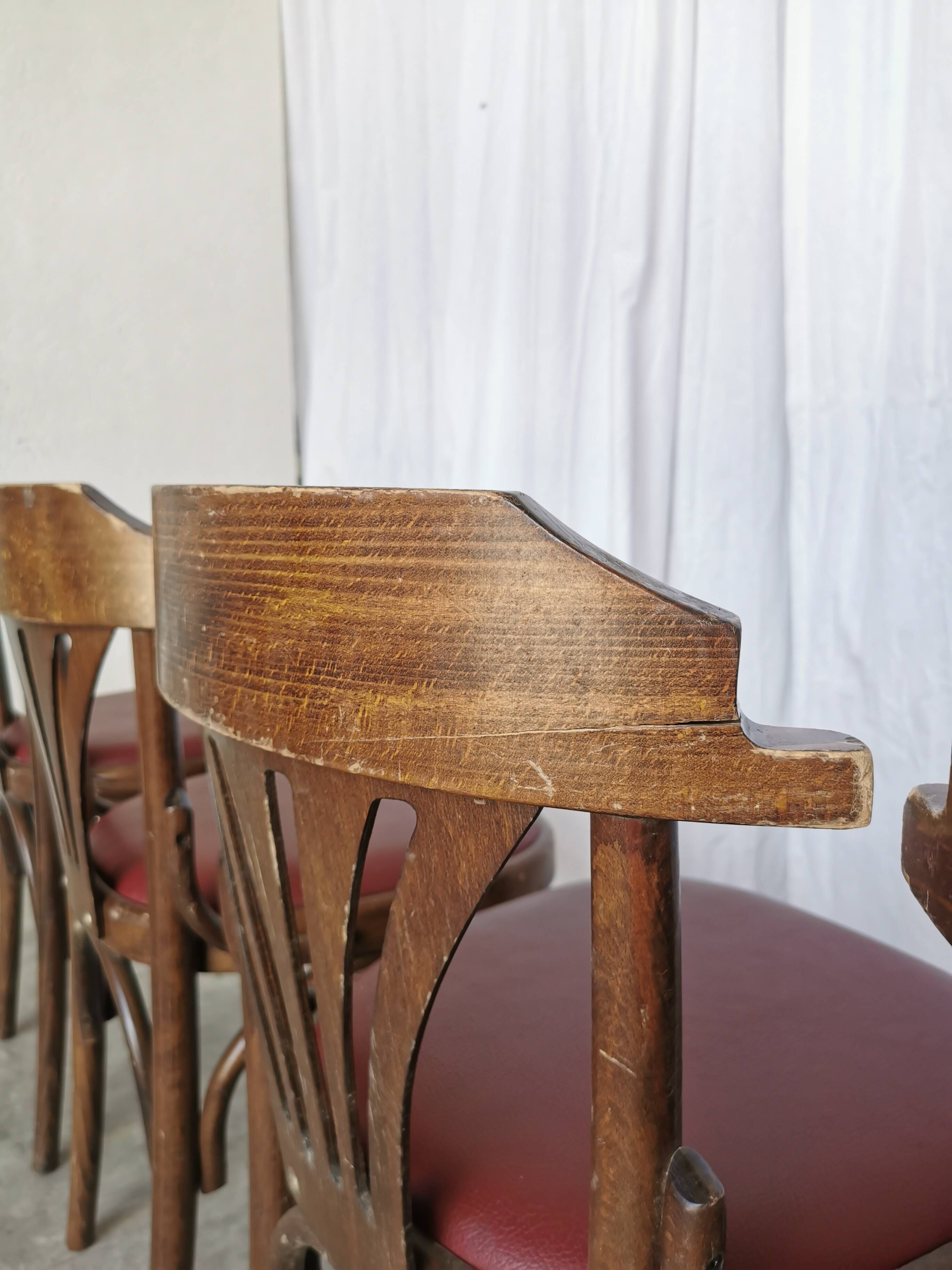 Vintage Bentwood Dining Chairs - Thonet Style - Red Faux Leather - Set of 4