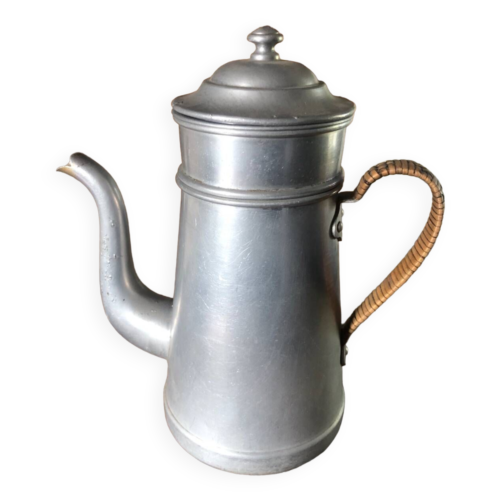 Old aluminum coffee maker, woven wicker handle