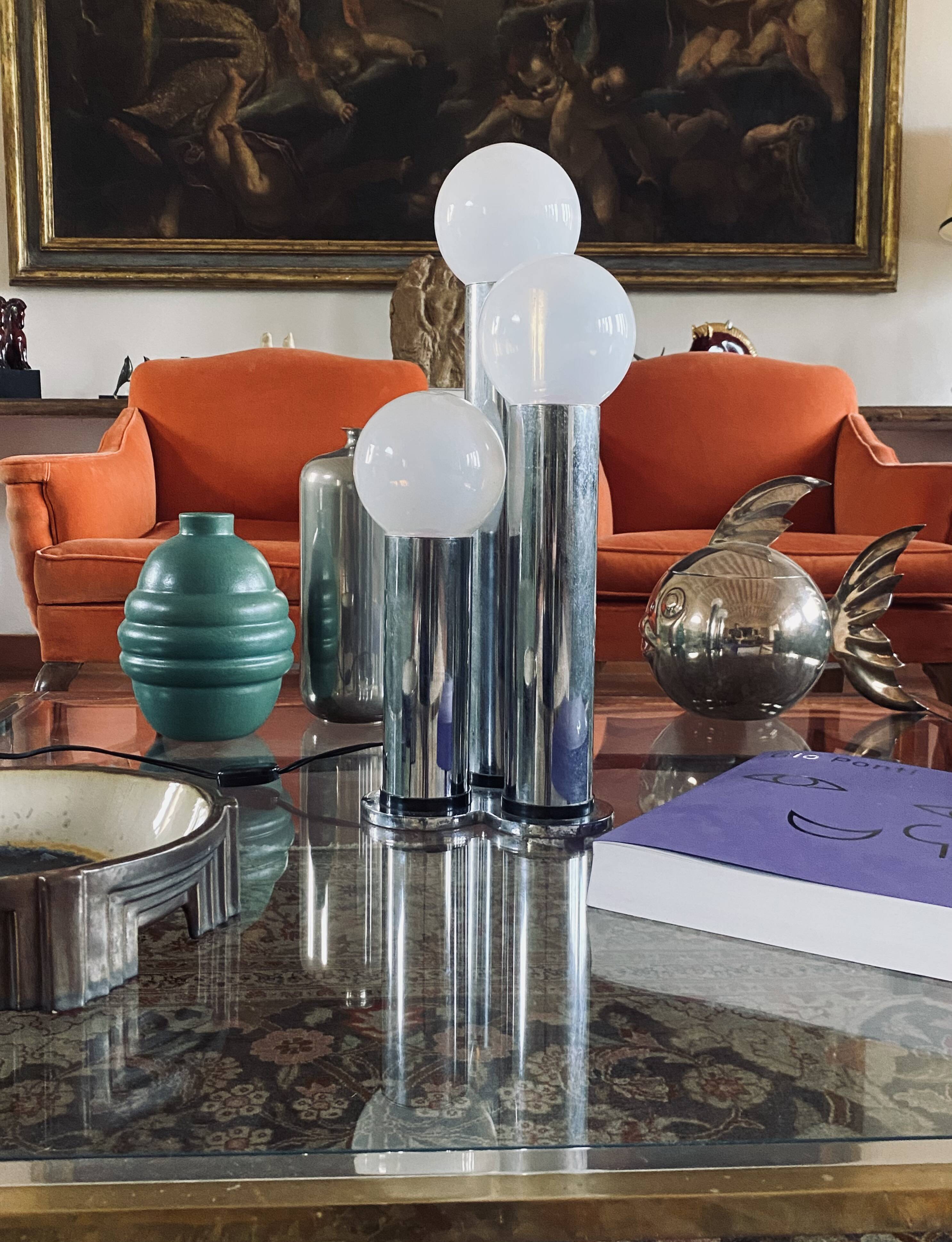 Hollywood regency 3 lights metal and opaline glass table lamp, Lama, Italy 1970s