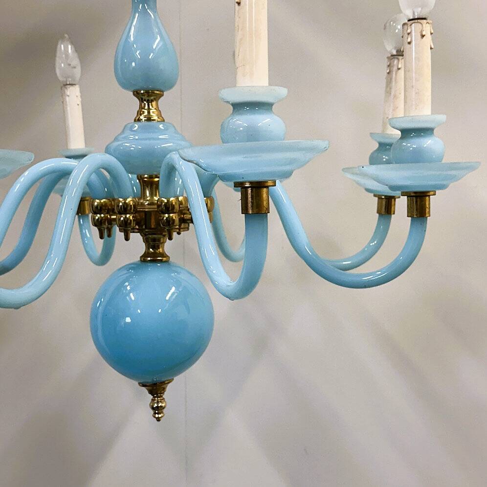 Statement French blue opaline glass chandelier with brass accents, 1960s