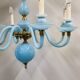 Statement French blue opaline glass chandelier with brass accents, 1960s