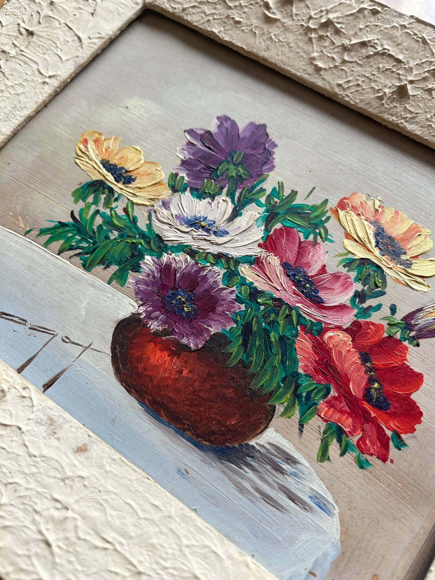 Painting framed bouquet of anemones signed