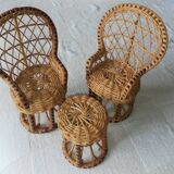 Petit salon vintage rotin 2 fauteuils 1 table basse pour poupées