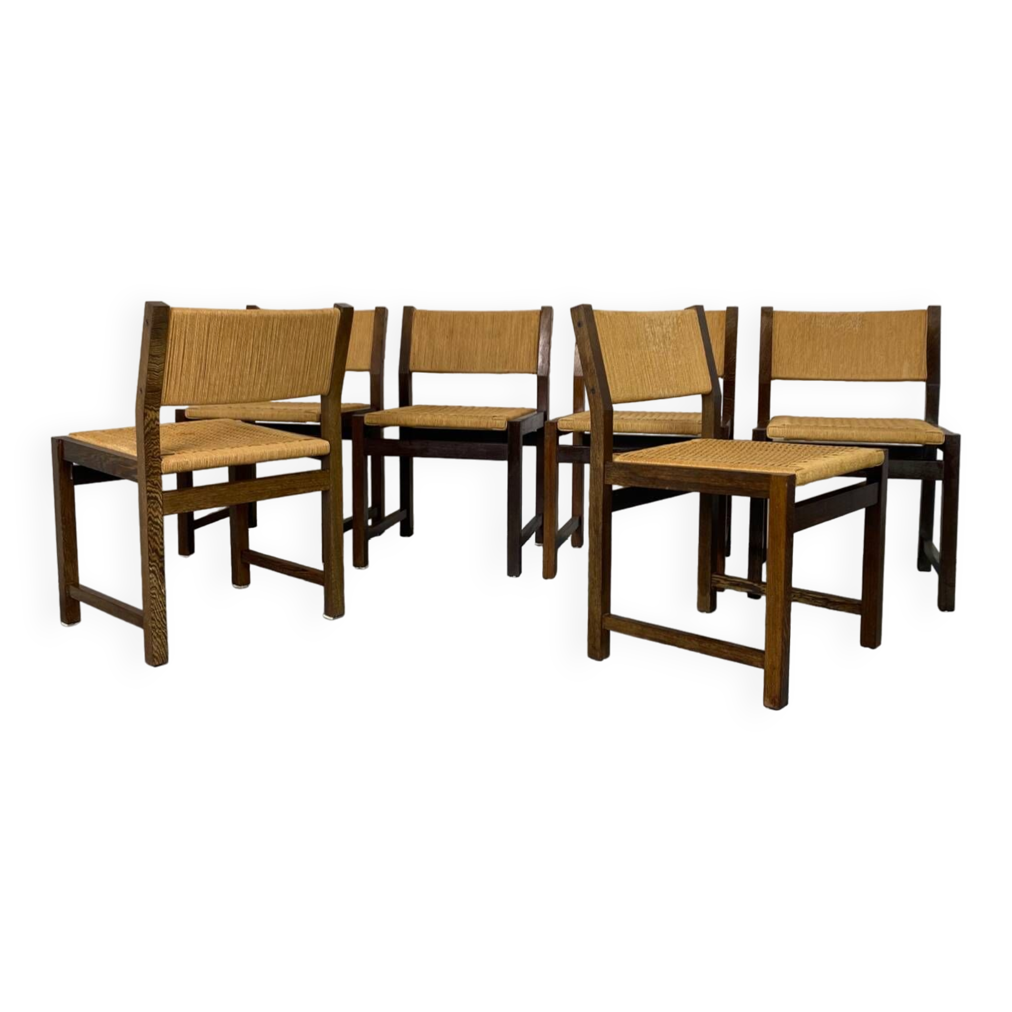 Chaises rustiques modernistes en bois et corde de papier, années 1970, lot de 6