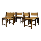 Chaises rustiques modernistes en bois et corde de papier, années 1970, lot de 6