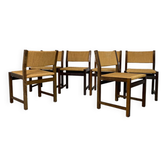 Mid-Century Rustic Modernist Wood and Paper Cord Chairs, 1970s, Set of 6