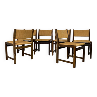 Chaises rustiques modernistes en bois et corde de papier, années 1970, lot de 6