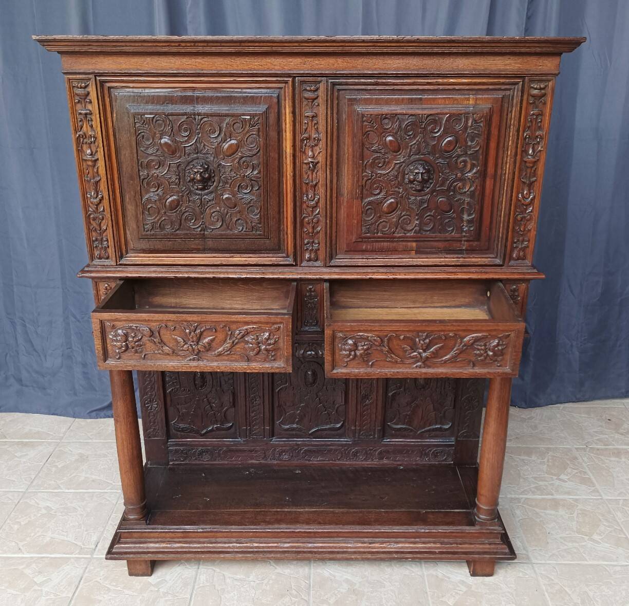 Renaissance oak carved buffet cabinet