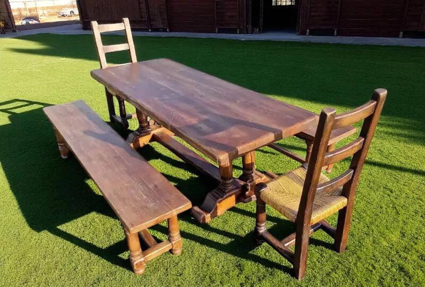 Old farmhouse dining table, 2 benches, 2 chairs
