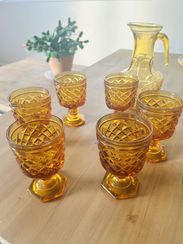 Service apéritif vintage en verre ambré – ensemble complet – années 1960/70