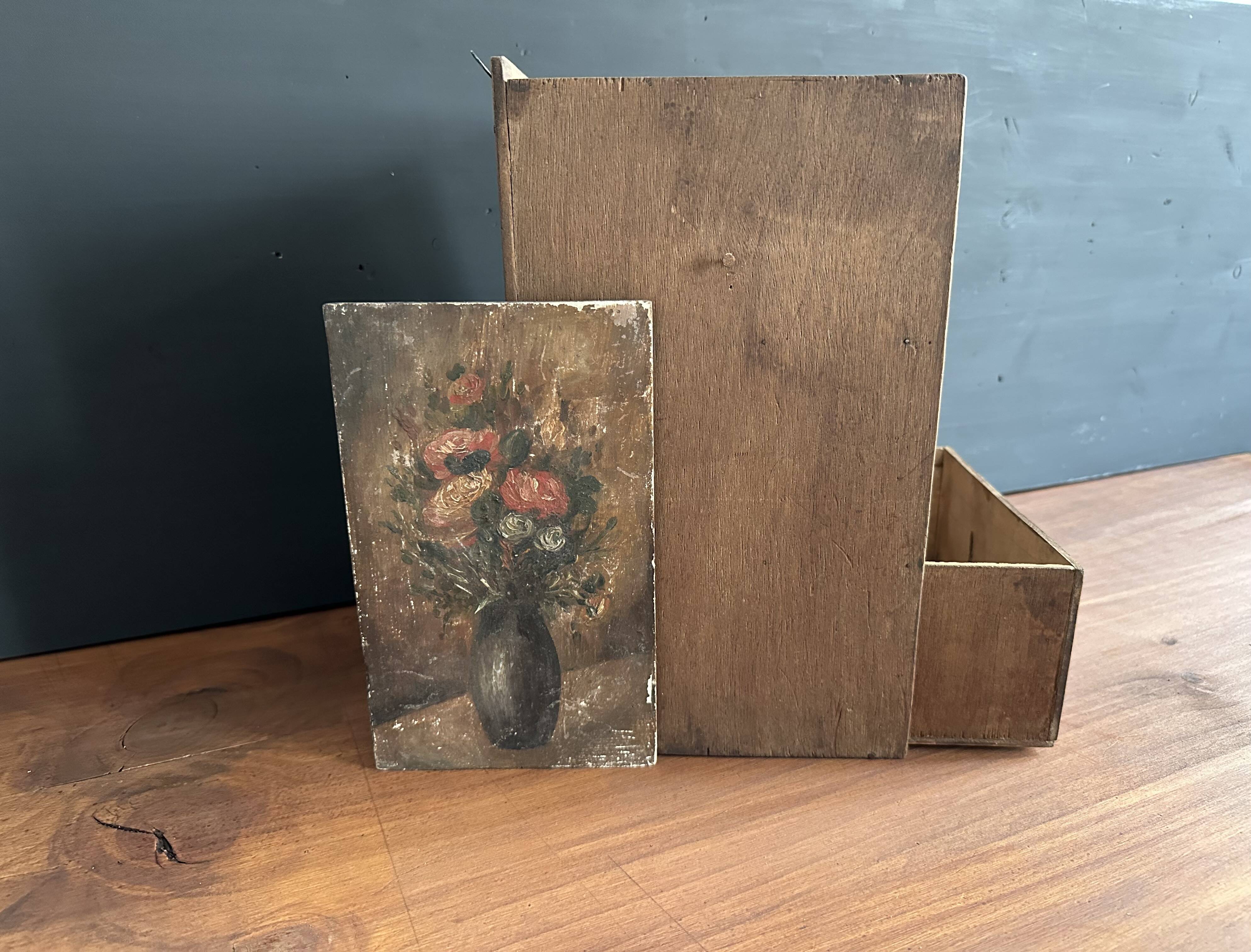 Small antique wooden drawer unit with floral painting, 1900.