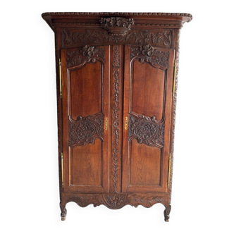 Antique Dark Wood Hand-Carved Two-Door Wardrobe with Brass Handles, Louis XVI Style