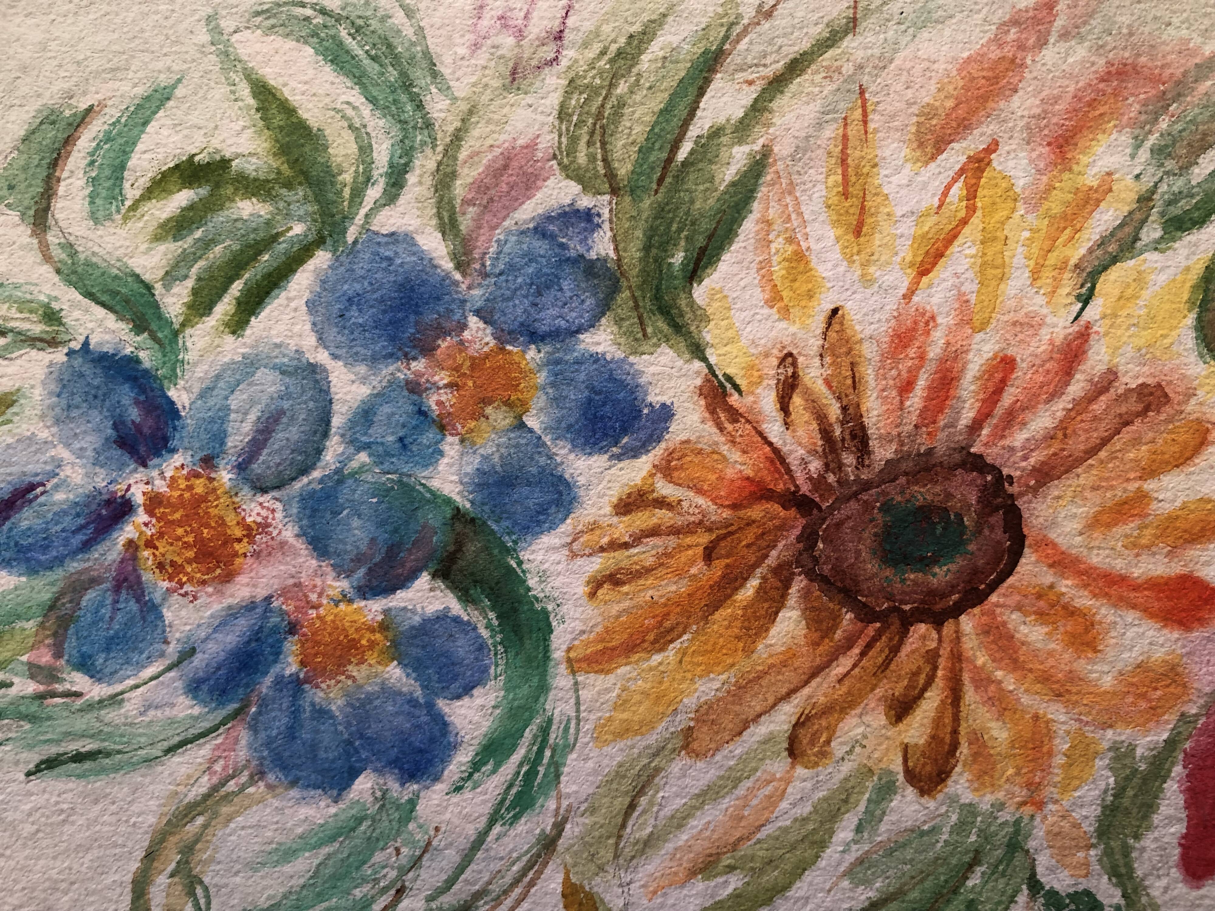 Watercolor flowers painting on paper, signed fields, undated, unframed, blue orange red naif
