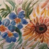 Peinture aquarelle fleurs sur papier, signé fields, non daté, sans cadre, bleu orange rouge naif
