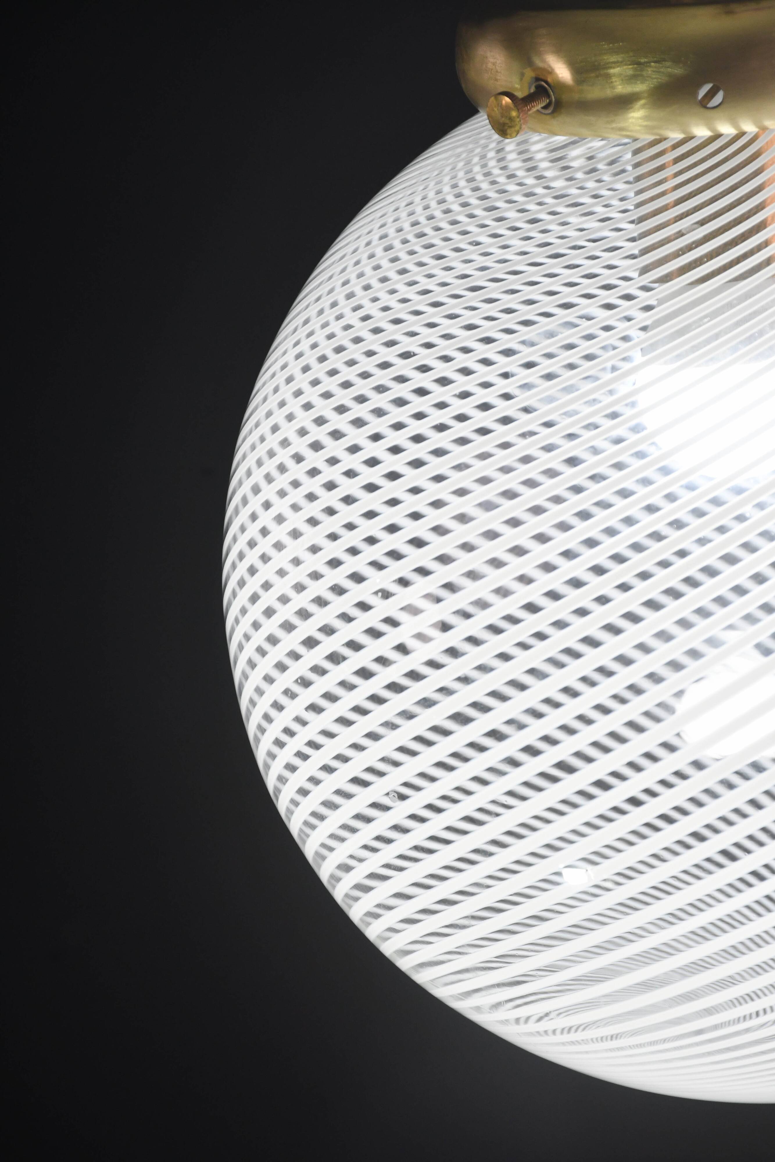 Italian Mid-Century Pendant Light with Optic Spiral Glass Globe and Restore Bras