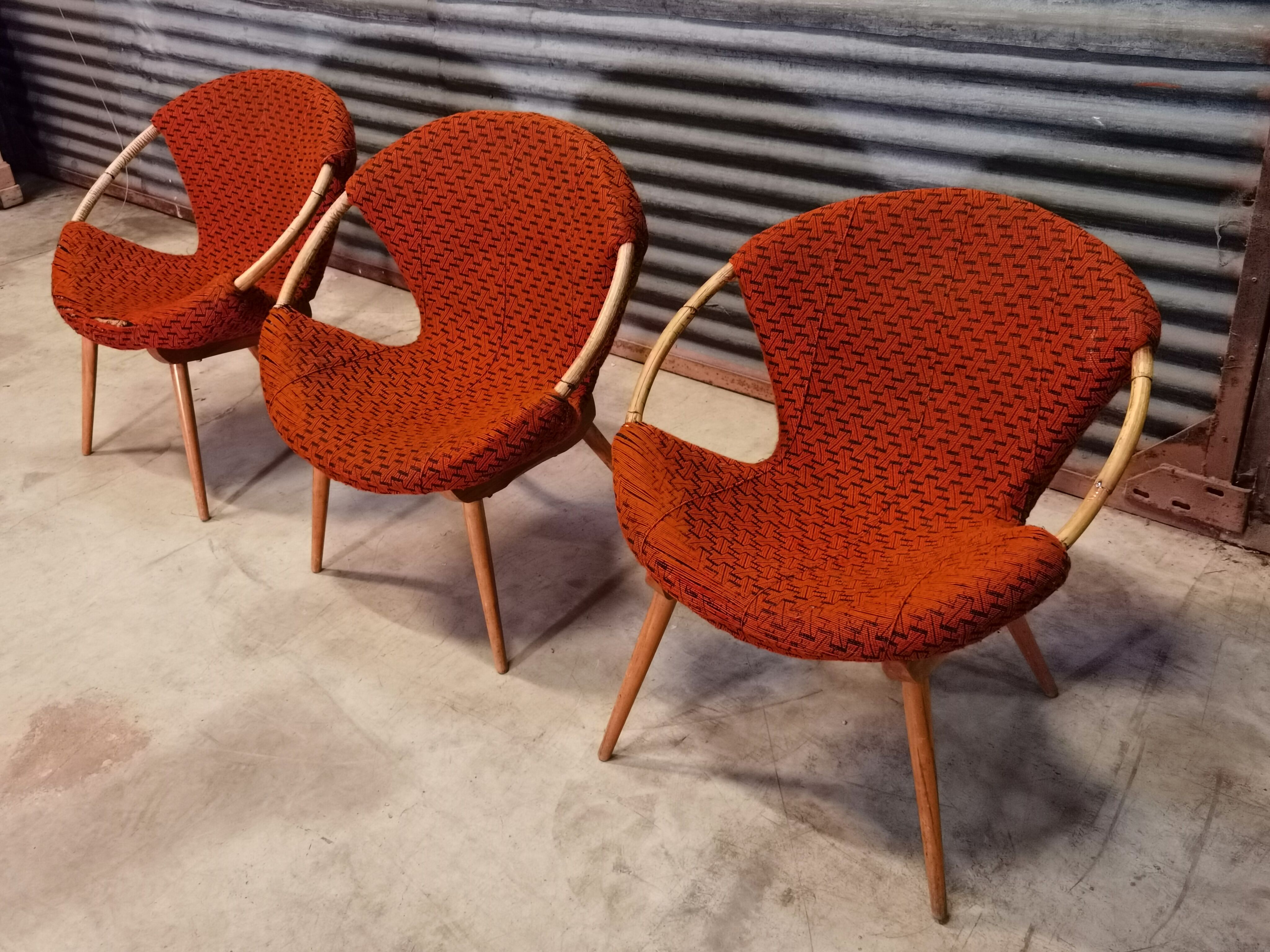 Czechoslovak shell armchair rattan wood fabric