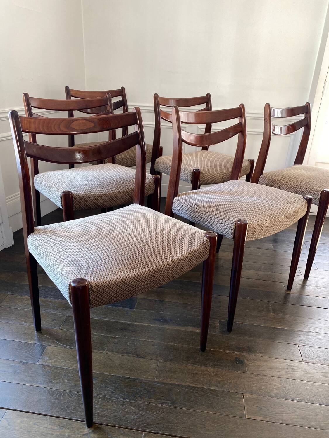 Set of 6 vintage Scandinavian chairs in Rio rosewood & beige mottled velvet 60's