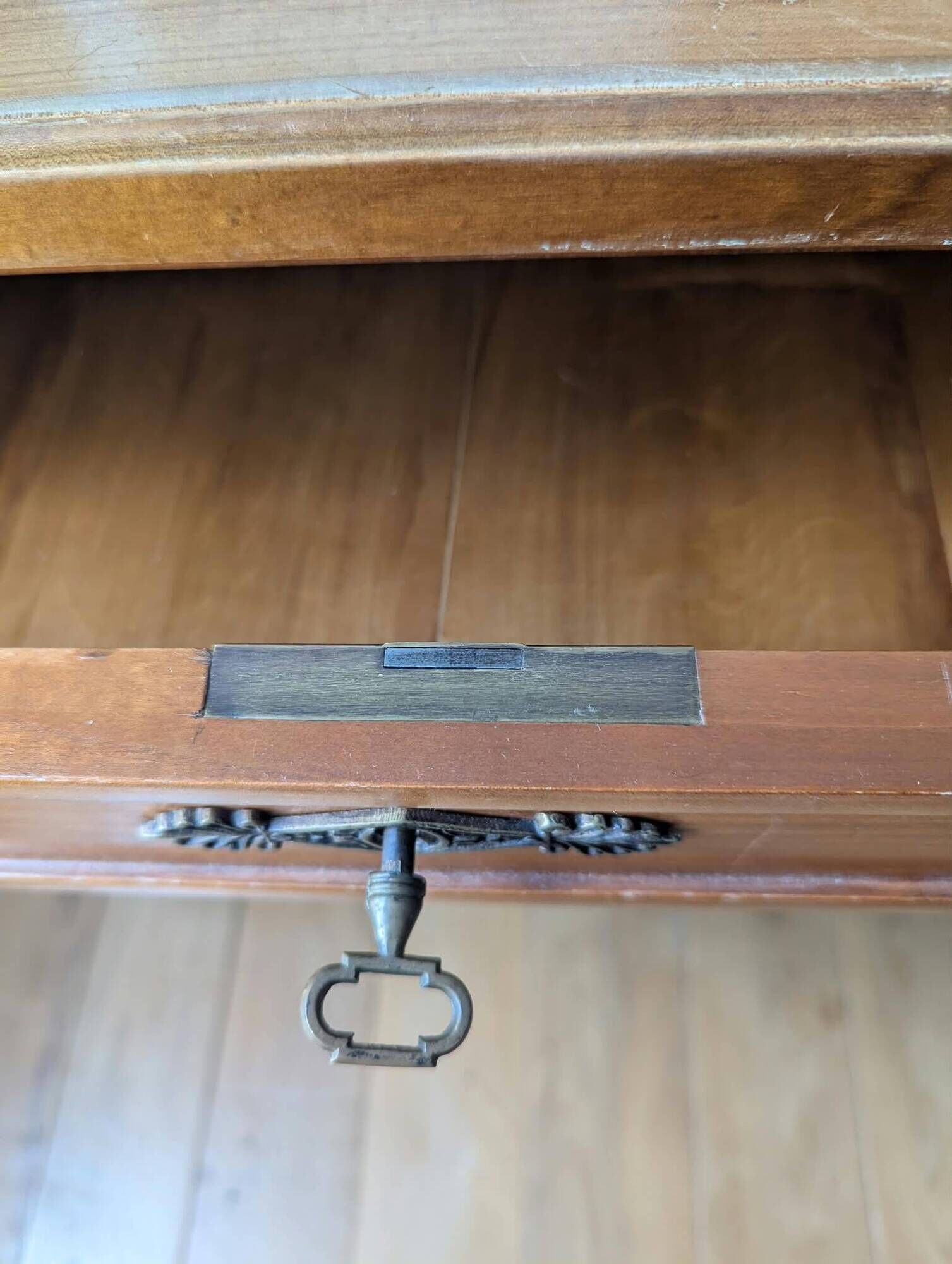 Louis XVI style flat desk in cherry wood, green leather top - French work