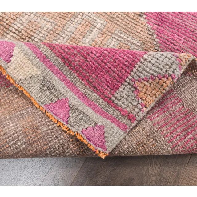 Vintage pink geometric Turkish hand-knotted runner 92x356