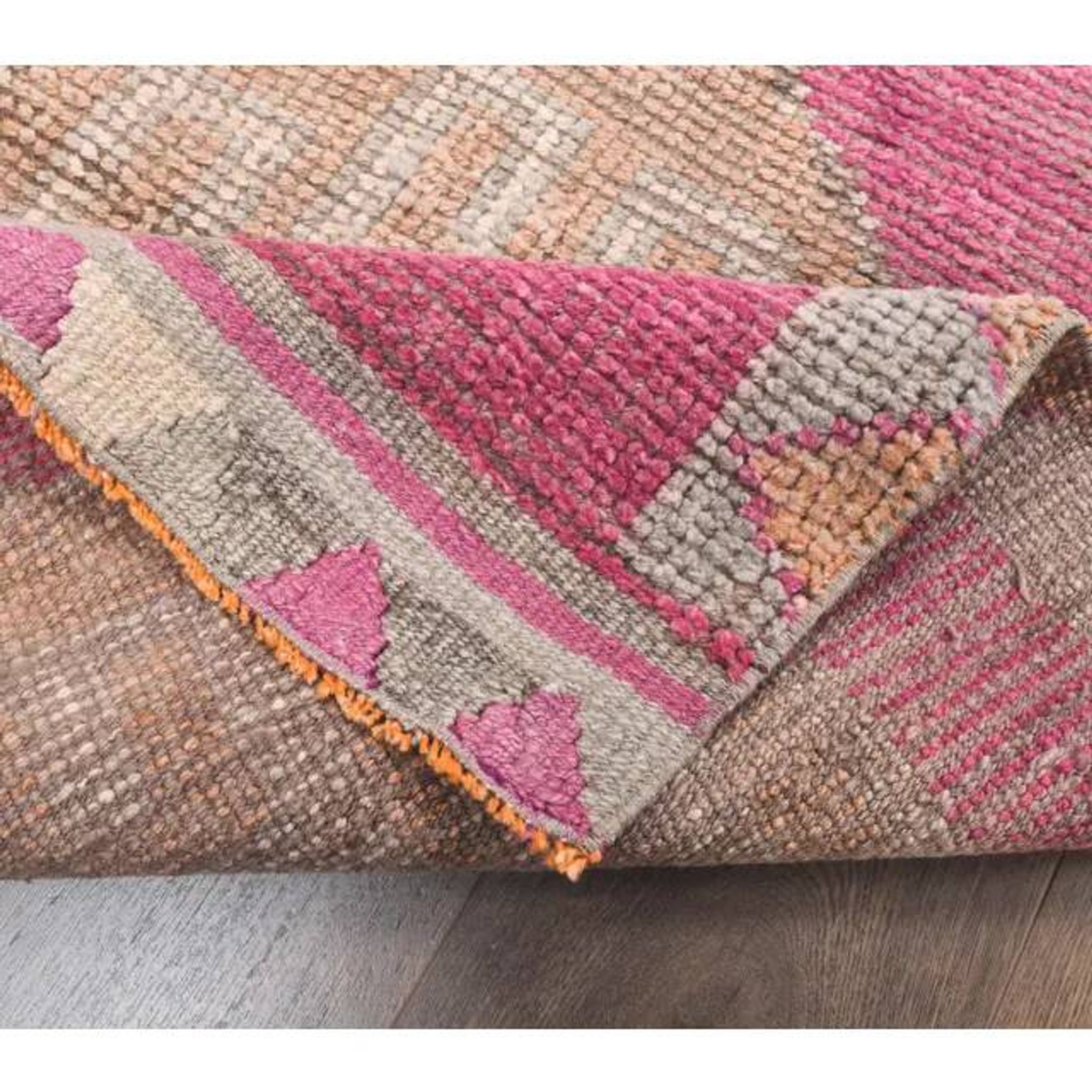 Vintage pink geometric Turkish hand-knotted runner 92x356
