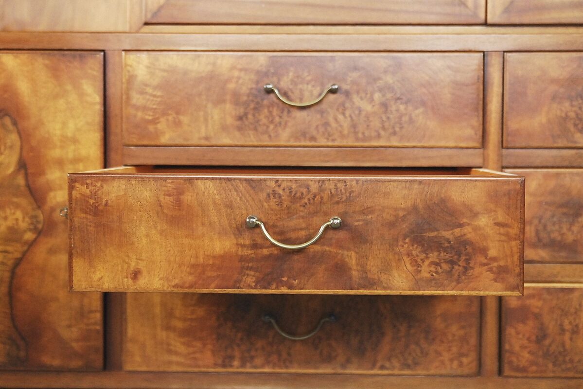 Antique Walnut and Burl Swedish Buffet with Glass Vitrine, 1940s