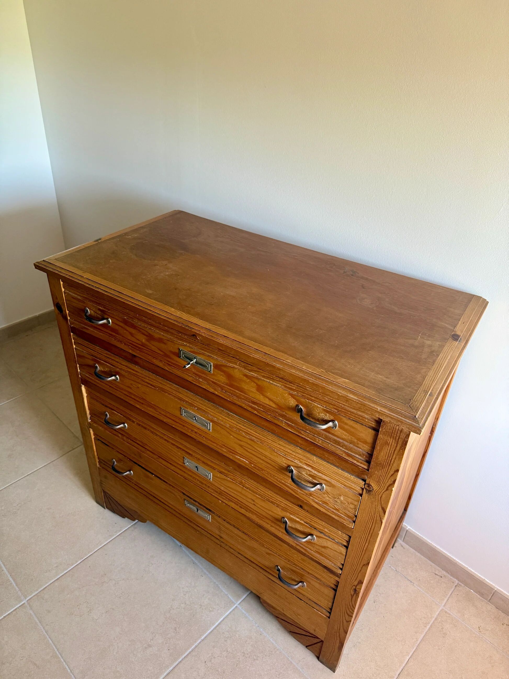 4-drawer chest in raw wood and chrome - art deco style