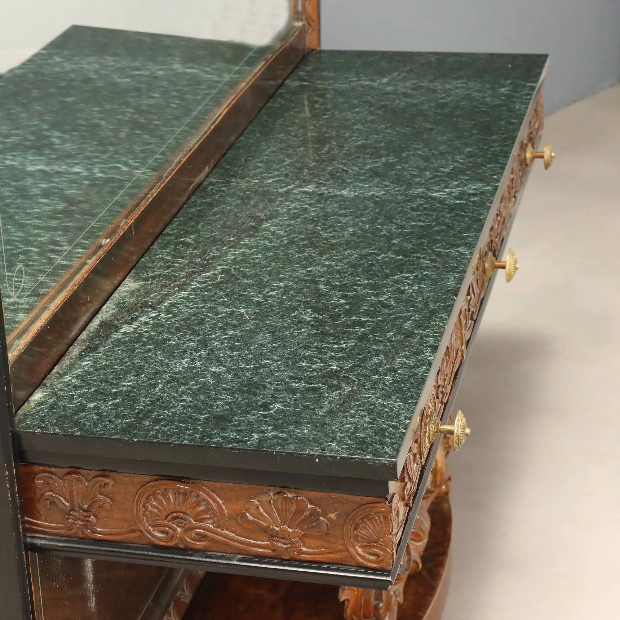 Antique console with a walnut mirror and green marble, Italy, 20th century.
